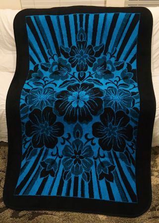 Vintage San Marcos Blanket Reversible Blue/black Floral Flowers 63x85