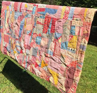 Antique Vintage Hand Tied Feedsack Crazy Quilt Novelty Fabric 65 " X 85 "