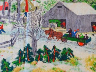 4 Panels Vintage Grandma Moses Barkcloth Fabric Early Springtime On The Farm