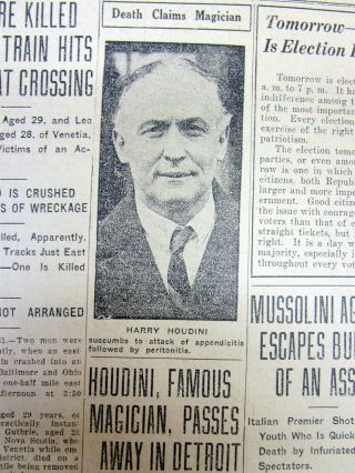 1926 Newspaper W Fp Coverage Of Death Of Harry Houdini Magician / Escape Artist
