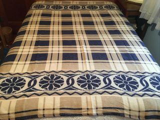 Vintage Camp Cabin Cottage Blanket Soft Cotton,  Navy Tan Beige Reversible 70x64