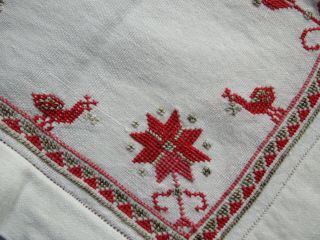 Vtg Hand Embroidered Cross Stitch Peacock Floral Redwork Tablecloth Italian Bird
