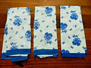 3 Vintage/antique D Porthault Flax Linen Tea/hand Towels Blue Floral 1940s