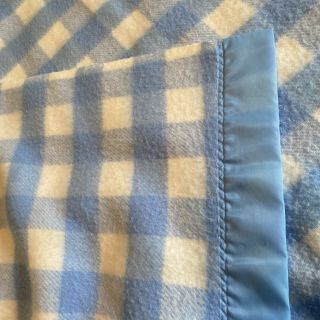 Vintage Acrylic Blanket Satin Trim Binding Blue Check Plaid White 80 X 90 Utica