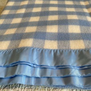 Vintage Acrylic Blanket Satin Trim Binding Blue Check Plaid White 80 X 90 Utica 3