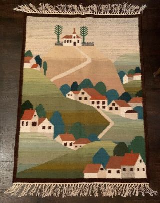 Vintage Hand Woven Wool Wall Hanging Rug Poland 35x47