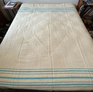 Vintage Wool Camp Blanket Cream W/Blue Stripes Light Wt.  Good For Layering 83x68 2
