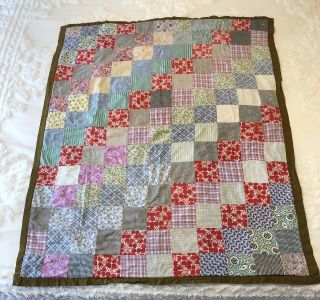 Vintage Handmade Feedsack Patchwork Quilt Army Green Backing Hand Tied 42x51 In