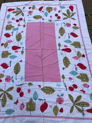 Vintage Pink Green Red Blue Fruit Leaves Tablecloth 50 By 67