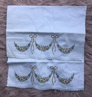 2 Vintage Embroidered Pillow Case Floral Now Standard Size Crochet Lace Trim