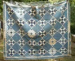 Vintage Blue And White Quilt Monkey Wrench Design Needs Loving Care Rough