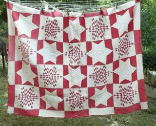 Antique Red And White Quilt Star Pattern Handmade,  Hand Quilted Rough
