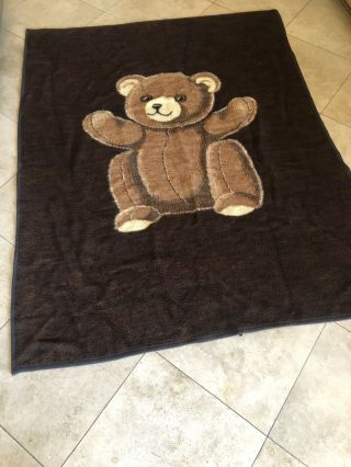 Biederlack Teddy Bear Blanket Brown Reversible Usa Vintage 60”x77”
