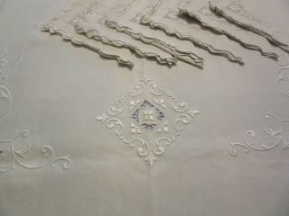 68 X 104 " Vintage Embroidered Linen Tablecloth,  12 Napkins,  Ivory Color,  Ec
