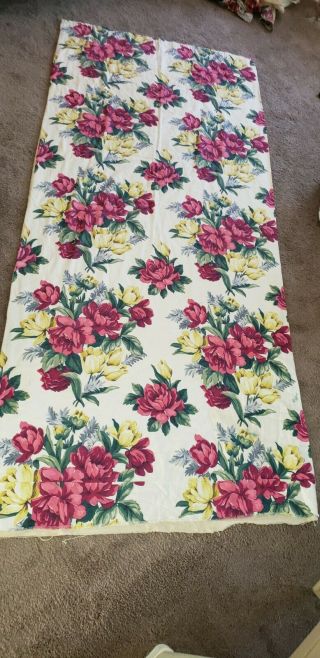 Gorgeous Vintage Barkcloth Floral Long Curtain Panel Fabric Tulips Roses Drape