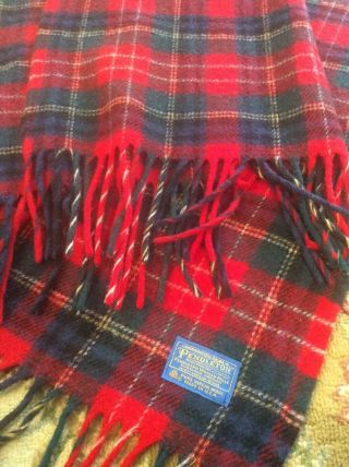 Vintage Pendleton Virgin Wool Throw Blanket Red Blue Plaid Fringed Usa