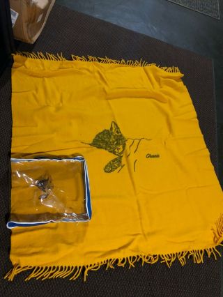 Vtg Faribault Woolen Mills Faribo Fluff - Loomed Wool Blanket Fringe Yellow Cat