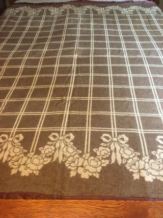 Vintage Esmond Wool Blanket Plaid Brown With Floral Borders 69 " By 80 "