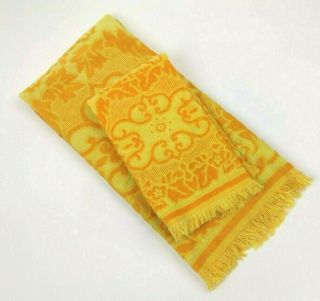 (2) Bath Towel Yellow Orange Tastemaker Vtg Sculpted Carved Mcm J.  P.  Stevens