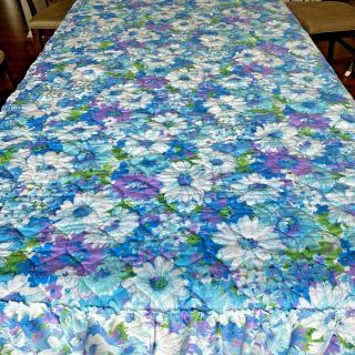 Vintage 1970s Bedspread Purple And Blue Daisy Quilted Ruffle Full Size Bed K7