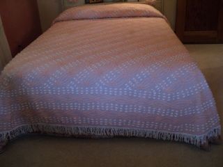 Gorgeous Vintage,  Pink,  Full Chenille Bedspread - 94 " X105 " - W/white Fringe & Trim