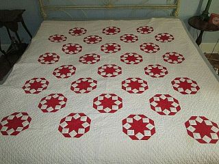 Vintage Patchwork Quilt Hand Stitched White With Red 8 Point Star 70 " X 97 " Midw