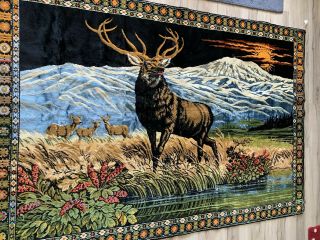 Vtg Buck Deer Velvet Italy Tapestry Wall Hanging/rug 1970 