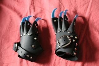 Blue Claw Gloves Black Leather Gauntlets Cosplay Gothic Halloween Gently
