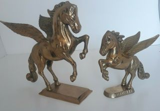 Vintage Brass Metal Bucking Pegasus Winged Horse Figurine Statue Set