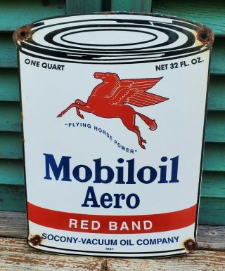 Vintage Mobiloil Aero Motor Oil Can Porcelain Gas Pump Sign