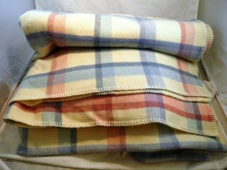 Vintage Faribo Wool Blanket Stitched Edge Pastel Plaid 96x90 " Usa