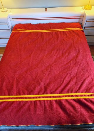 Vtg Horner Woolen Mills Large Virgin Wool Red Yellow Striped Blanket 80” X 60”
