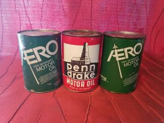 Vintage 1qt Full Metal Can Penn Drake Motor Oil,  2 1qt Full Cardboard Can Aero N