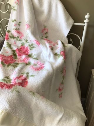 Vintage Acrylic Thermal Blanket Floral Satin Trim White Pink 68 X 84