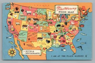 Food Map Of The Usa Vintage Fred Harvey Vintage Linen Roadside Rpo Postcard 1944