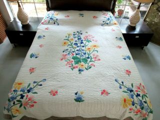 Vintage Hand Sewn All Cotton Bouquet Of Flowers Applique Quilt; 89 " X 76 "