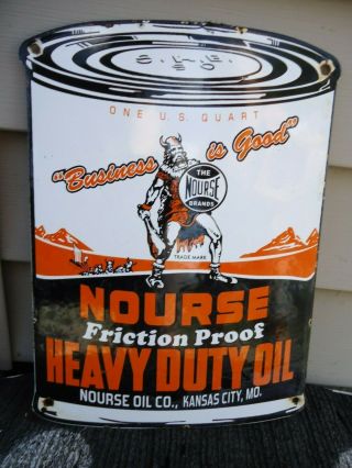 Old Vintage 1950s Nourse Heavy Duty Motor Oil Can Porcelain Gas Pump Sign