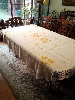 Vintage Hand Embroidered Tablecloth Large Oval Heavy Cotton With Crocheted Lace