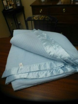 Vintage Waffle Blanket Baby Blue Satin Trim Thermal Usa Adult Morgan - Style Full