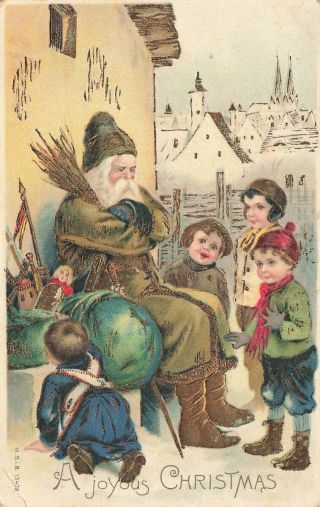 A Joyous Christmas Brown Suited Santa Claus W/children Embossed Gilded Postcard