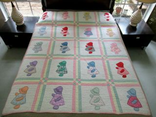 Small Vintage Feed Sack Hand Sewn Sunbonnet Sue Applique Quilt; 71 " X 57 "
