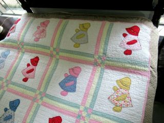 SMALL Vintage Feed Sack Hand Sewn SUNBONNET SUE Applique Quilt; 71 