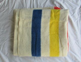 Orrlaskan Usa 100 Wool Blanket 72 " X80 " Blue,  Red,  & Yellow Stripe On Cream