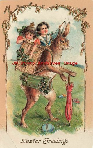 Easter,  Ipc,  Anthropomorphic Rabbit Carrying Children In Wicker Basket