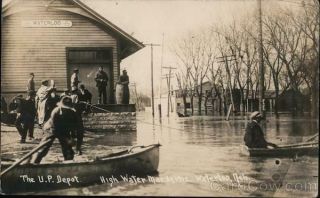 1912 Rppc Waterloo,  Ne High Water - The U.  P Depot Douglas County Nebraska Postcard