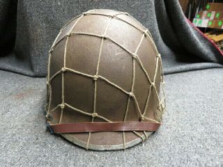Wwii Us M1 Helmet - Front Seam Fixed Bails - W/ Liner,  Chinstraps,  & Camouflage Net