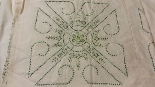 Vintage All Cotton Hand Embroidered Green Quilt Top,  Measures 68 By 87 Inches