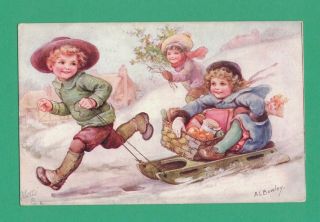 Vintage Tuck A.  L.  Bowley Christmas Postcard Children Sled Snow Hill Basket Food