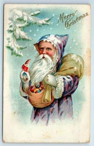 Vintage Postcard Merry Christmas Purple Robe Santa Claus Bag Of Toys 1911