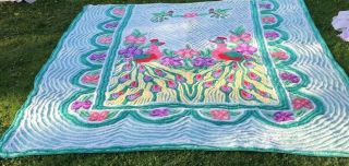 Large Vintage Chenille Bedspread Double Peacock Green White 2